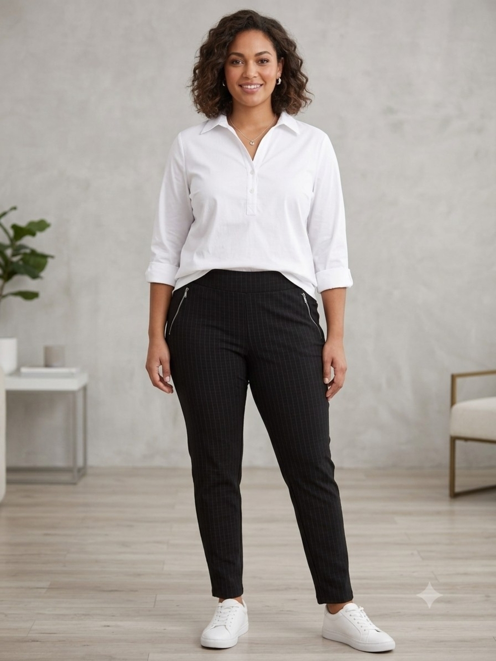 Black Pinstripe Stretch Ankle Pants - Women